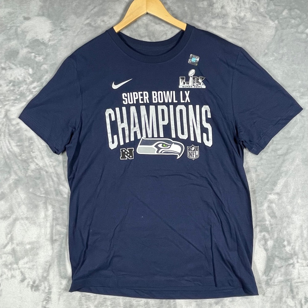 Nike Seattle Seahawks Super Bowl LX Champions T-Shirt Mens L Navy Blue NFL NEW
